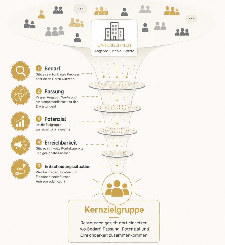 Infografik zur Auswahl einer Kernzielgruppe anhand von Bedarf, Passung, Potenzial, Erreichbarkeit und Entscheidungssituation