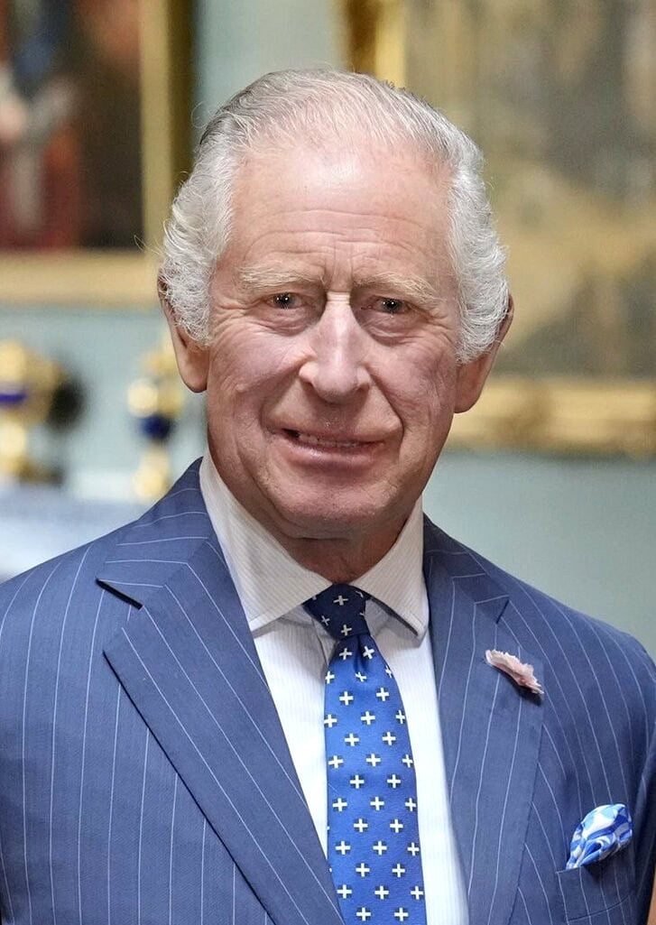 König Charles III. im blauen Nadelstreifenanzug