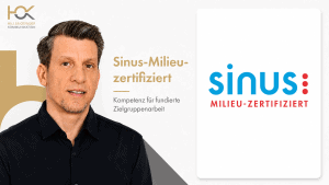 Porträt eines Mitarbeiters von HO Kommunikation neben dem Hinweis „Sinus-Milieu-zertifiziert – Kompetenz für fundierte Zielgruppenarbeit“
